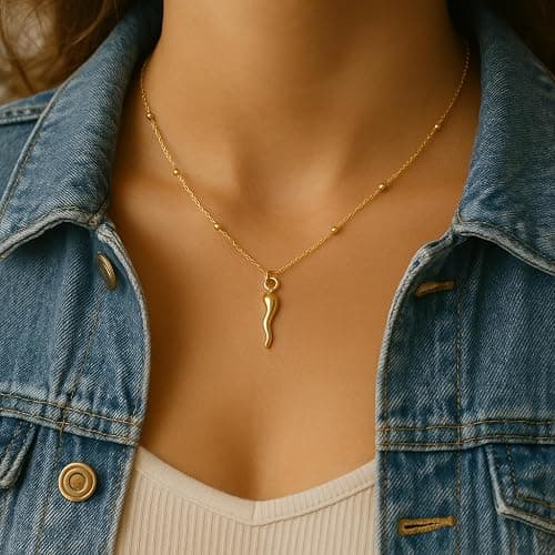 Fronay Collection 14K Gold Plated Italian Horn Necklace - Dainty Italian Cornicello Necklace – Gold Laminated Rosary Chain – 16”+1.5” – Good Luck Talisman Jewelry for Women - Made in Brazil thumbnail 3