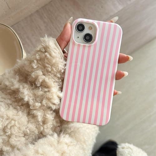 Pink Striped Cute Phone Case for iPhone 13/iPhone 14 6.1",Aesthetic Trendy Retro Stripe Pattern Chic Pretty Classic Protective Cover for Girls Women,Pink and White thumbnail 4