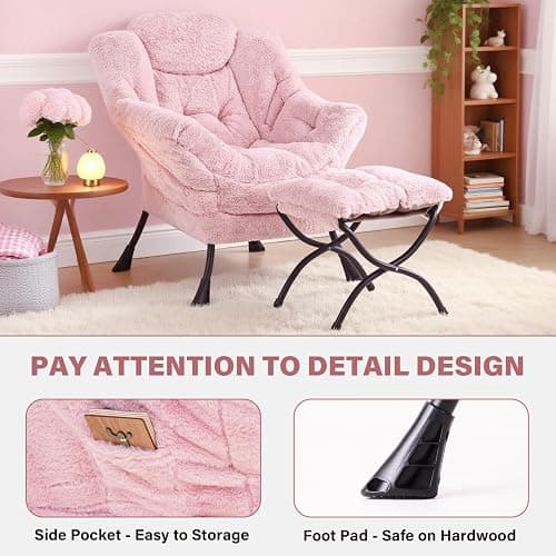 Tiita Lazy Chair with Ottoman, Pink Modern Large Accent Chair, Comfy Leisure Sofa Armchair with Ottoman, Reading Chair with Footrest for Bedroom, Living Room, Dorm Rooms, Plush Pink thumbnail 5