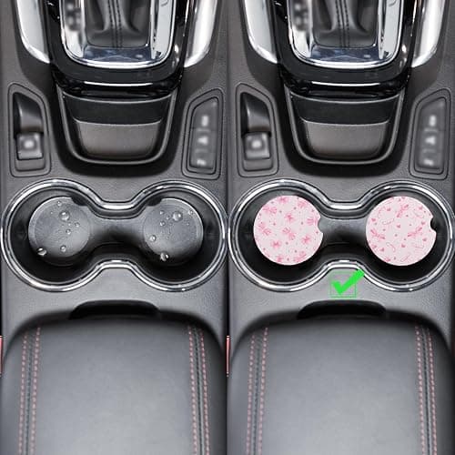 4pcs Pink Bow Car Coasters, Coquette Bow Cup Holder Coasters with Finger Notch Absorbent Cork Ceramic Cupholder Coaster for Car Women thumbnail 5