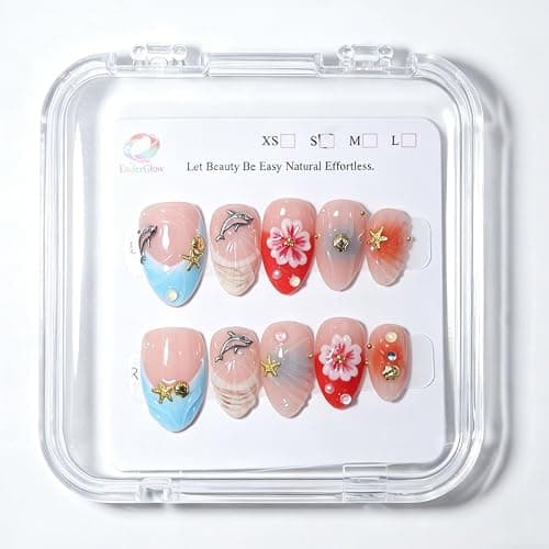 Handmade Short Almond Ocean Press On Nails,Reusable&Salon Quality(1TA12, S) | 10Pcs Daily & Party Fake Nails | Easy Apply & Remove | Tropical Ocean Style Press Ons with 3D Dolphin,Starfish,Plumeria thumbnail 4