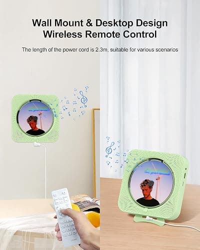 CD Player Portable Bluetooth Desktop CD Player for Home, Mini Cute CD Players for Kids, Built-in Dual Speakers and LED Display with Remote Control, Supports CD/FM Radio/USB/AUX/Timer/Repeat (Green) thumbnail 7