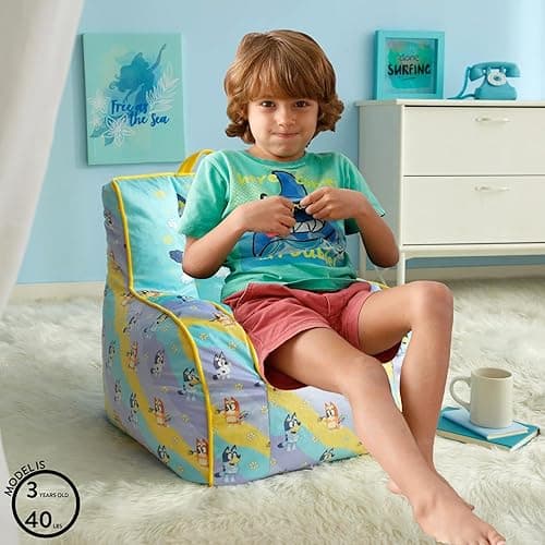 Idea Nuova Bluey Kids Micromink Bean Bag Sofa Chair with Piping & Top Carry Handle, Bluey and Chloe, Ages 3+ - Bluey thumbnail 2