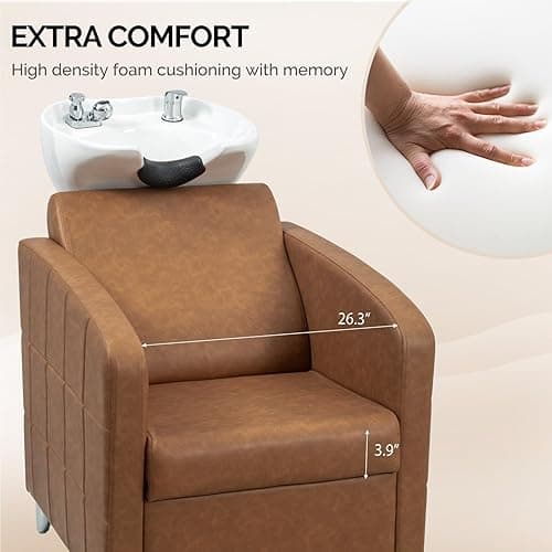 OmySalon Salon Shampoo Bowl and Chair, Shampoo Chair Extra Wide Seat & Porcelain Hair Washing Sink, Shampoo Unit for Beauty Spa Barbershop, Brown thumbnail 8
