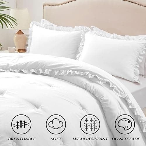 HARBOREST Full Comforter - White Ruffle Comforter for Full Size Bed, Fluffy Comforter Set for All Seasons, 3 Pieces Shabby Chic Bedding Set(1 Comforter & 2 Pillow Shams) thumbnail 3