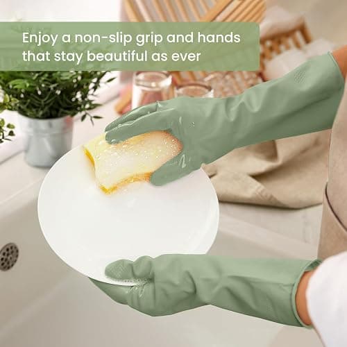 Rubber Cleaning Gloves for Dishwashing, 4 Pairs Reusable Kitchen Gloves for Washing Dishes and Household Cleaning, Green Dish Gloves with Flocked Lining and Non-Slip Grip, Pefect for Woman Men - M thumbnail 3