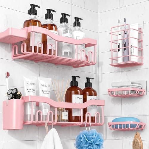 NESOMI Shower Caddy Adhesive Shower Organizer 7-Pack, Rustproof Stainless Steel Bathroom Shelves, Large Capacity No-Drill Rack Storage Accessories with Soap Dish Toothbrush Holder Hooks - Image 1