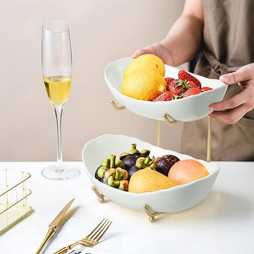 HOMKULA 2 Tier Ceramic Fruit Bowl for Kitchen Counter, Tiered Fruit Basket for Countertop, Modern Multi Layer Fruit Display Stand for Party, Cute (Gold&White, Small) thumbnail 5