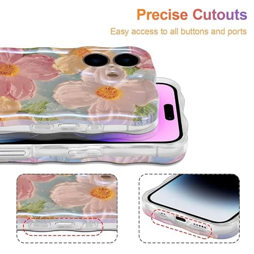 EYZUTAK Case for iPhone 16, Colorful Retro Oil Painting Printed Flower Laser Glossy Pattern Cute Curly Wave Edge Exquisite Phone Cover Stylish Durable TPU Protective Case for Girl Women-Green - iPhone 16 - Green thumbnail 5