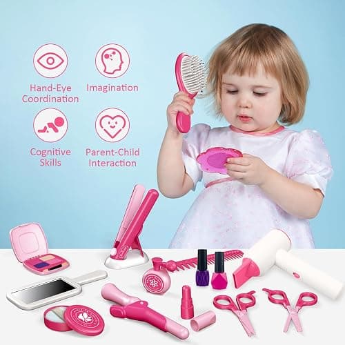 RedCrab Kids Beauty Salon Toy Set, Girls Salon Hair Stylist Pretend Makeup Kit Includes Kids Hair Dryer, Comb, Makeup Bag and Other Accessories, 3-8 Years Ideal Gift for Children thumbnail 5