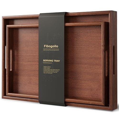 Fibogollo Bamboo Set of 2 Serving Tray with Handles,Decorative Trays Platter,Breakfast Tray in Bed,Food Drinks Tray for Eating,Working,Storing(Brown) - Image 1