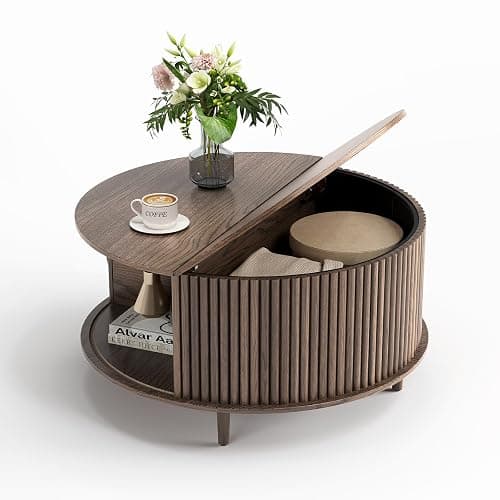 JOINICE,Round Coffee Table with Storage,Fluted Center Table with Sliding Cabinet Door for Living Room,Home Small Space,31.5" Small Center Table,Walnut thumbnail 7