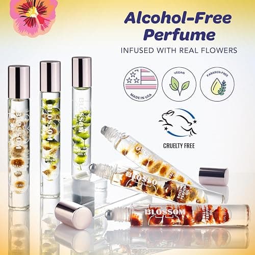 Blossom Roll on Perfume for Women Alcohol Free Gourmand Rollerball, 0.20oz | Infused with Real Flowers, Made in USA, (Pumpkin, Vanilla, Cinnamon) Pumpkin Spice Latte, Rolla on, Oil, Natural, Teen thumbnail 3