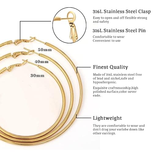 Senteria Large Gold Hoop Earrings for Women Girls Stainless Steel Hoop Earrings Set Thin Gold Hoop Earrings Lightweight(30MM 40MM 50MM 60MM 70MM) thumbnail 5