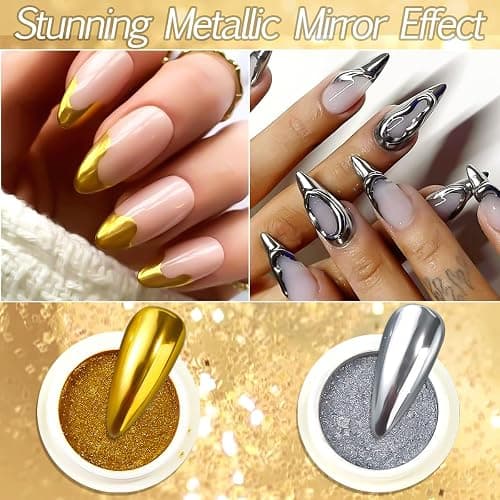 6 Colors Chrome Nail Powder,Gold Silver Super Metallic Effect Chrome Powder for Nails,Holographic Mirror Glitter White Pearl Pigment Dust Kit for Gel Polish Nail Art Decoration Manicure Nail Supplies thumbnail 5
