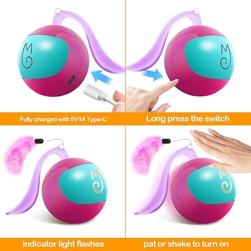 Migipaws Interactive Cat Ball Toy Set, Fun Tracker, Glowing Chase Ball with MystiChaser Pouch, Fluffy Tail, Small Mouse – Cat Toys for Bored Indoor Cats(Rose) thumbnail 6