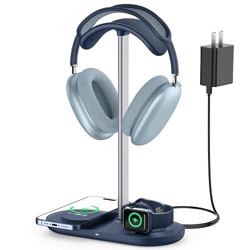 HiWe 3-in-1 Headphone Stand - Universal Desktop Gaming Headset Holder with Wireless Charger for Phones/AirPods/iWatch, Aluminum Alloy Rod, Leather Pad, ABS Solid Base, Blue - Image 1