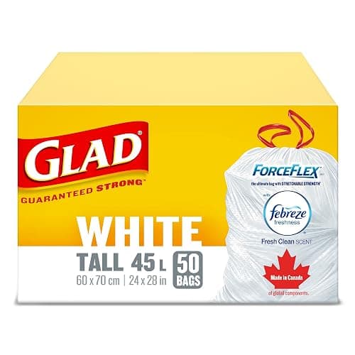 Glad White Garbage Bags - Tall 45 Litres - ForceFlex, Drawstring, with Febreze Fresh Clean Scent, 50 Trash Bags, Made in Canada of Global Components - Image 1