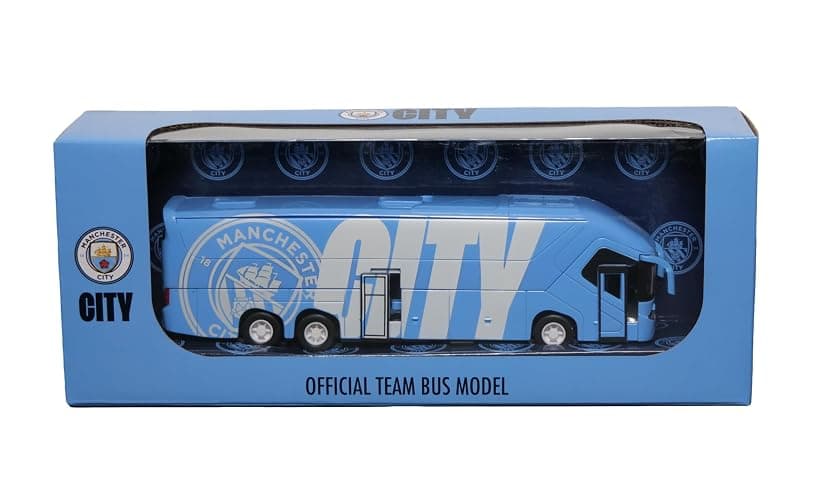 Manchester City Official Collectible Miniature Team Bus – Premium Die-Cast Soccer Bus Toy with Friction Power Engine – Man City Fan Gift Display Model – Licensed Football Merchandise - Image 1