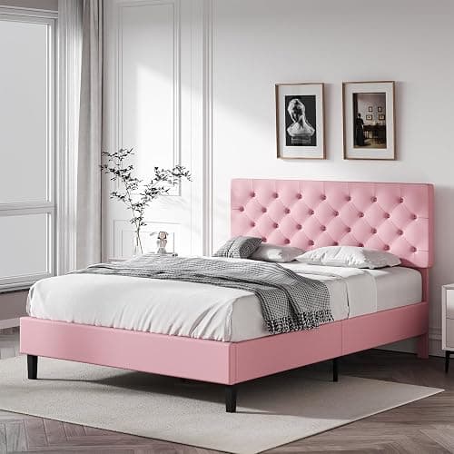 REVOMINCA Full Bed Frame with Headboard, Faux Leather Upholstered Platform Bed Frame, Pink Bed Frame Full Size, Wooden Slat Support, No Box Spring Needed, Pink thumbnail 8