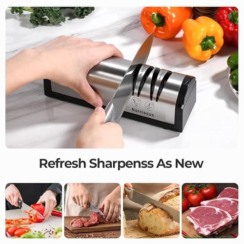Narcissus Knife Sharpener, Professional 2 Stage Electric Knife Sharpener for Quick Sharpening & Polishing, with Scissors Sharpener and Metal Dust Collection Box, Stainless Steel, Silver thumbnail 3