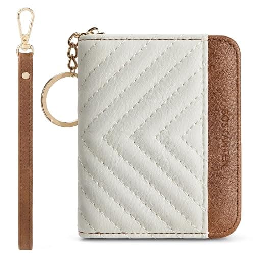 BOSTANTEN Credit Card Holder Wallet RFID Blocking Leather Small Wallet for Women Zipper Keychain Wallet with Wristlet Beige&Brown - Image 1