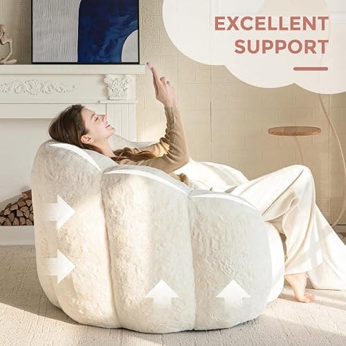 MAXYOYO Bean Bag Chair for Adults, Floral Shaped Bean Bag Sofa, Ultra Soft Faux Fur Floor Sofa, Large Reading Chair for Living Room Bedroom, Beige, Single thumbnail 9
