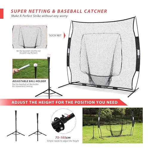 VIVOHOME Baseball Softball Batting Net - 7x7 Ft Baseball Backstop, Softball Practice Net for Hitting, Pitching, Throwing with Batting Tee and Carry Bag - 7 x 7 ft Black Net with Tee thumbnail 4
