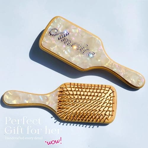 Personalized Rhinestone Hair Brush with Name - Custom Bling Hairbrush for Women & Girls, Handmade Marble Bamboo Wood Brush for Scalp Massage, Detangling, Gifts(Shell White) thumbnail 5