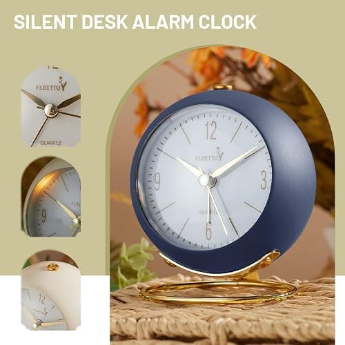 FLOITTUY Silent Table Analog Alarm Clock No Ticking, Lighted on Demand and Battery Operated, Beep Sounds, Small Desk Clock(Navy Blue) thumbnail 2