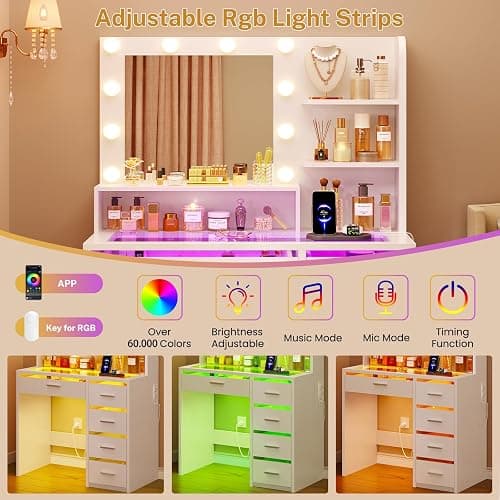 FIONESO Vanity Desk with Mirror and Lights, Makeup Vanity with Glass Top, 3 Colors LED Lights & Power Outlet, White Vanity with 5 RGB Drawers, Adjustable Lighted Vanity for Girls, Bedroom thumbnail 5