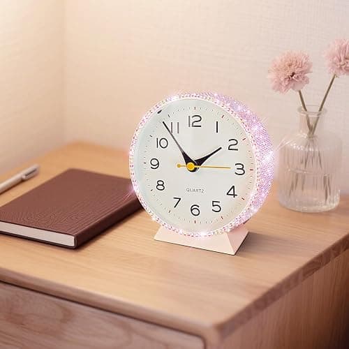 Yivaiks Shiny 4.5" Analog Alarm Clock，Bling Small Silent Retro Desk Clock，Metal Glitter Clock Table Decor for Living Room, Bedroom, Bedside, Shelf (Pink) thumbnail 5