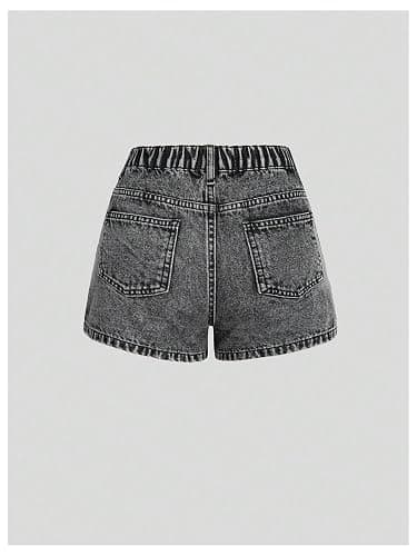 WDIRARA Girl's Button Jean Shorts Star Patched Denim Shorts with Pockets | High Elastic Waist, Emo Bottom, Gothic, Cute, for Teen Tween Kids thumbnail 2