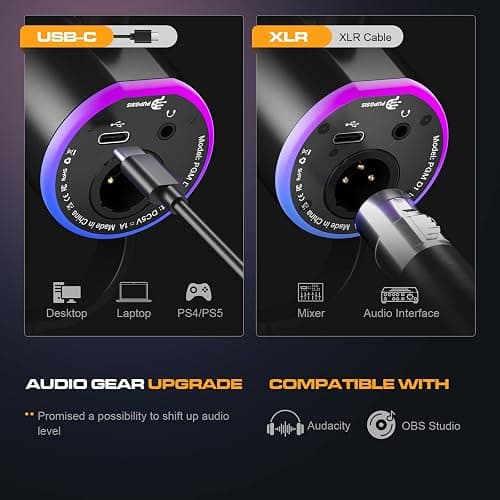 P PUPGSIS XLR/USB Podcast Microphone, Gaming Mic with Mute Button, Reverb Effects, Noise Cancellation, Boom Arm Stand, Headphones Jack, Dynamic Microphone for Streaming/Recording/Gaming/Vocal-Black thumbnail 6