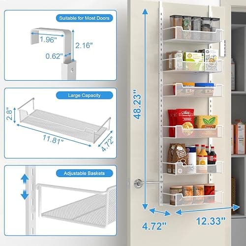 VyGrow 12.3" W Narrow Over the Door Pantry Organizer, 6-Tier Over the Door Organizer with Adjustable Basket, Pantry Door Organization for Pantry Kitchen Storage Room Spice Rack, White thumbnail 2