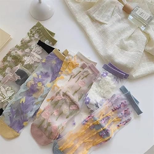 Ballballu Vintage Sheer Socks,Summer Transparent Flower Ankle, Thin Mesh Lace Elastic Jacquard Glass Silk thumbnail 5
