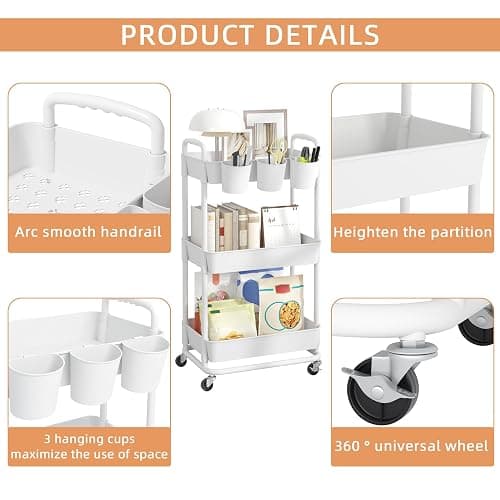 JIUYOTREE 3-Tier Plastic Rolling Storage Cart Utility Cart with Extra Hanging Cups Handles Lockable Wheels for Living Room Bathroom Kitchen Office White thumbnail 6