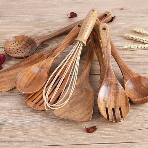 Kitchen Utenails Set with Holder,Kitchen Wooden Utensils for Cooking, Wood Utensil Natural Teak Wood Spoons for Cooking,Wooden Kitchen Utensil Set With Spatula and Ladle (11) thumbnail 6