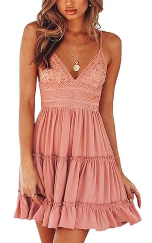 ECOWISH Summer Dresses for Women 2026 V-Neck Spaghetti Strap Bowknot Backless Sleeveless Lace Mini Swing Skater Dress - Image 1