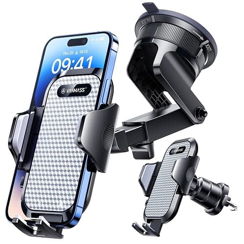 VANMASS [True Military-Grade] Car Phone Holder [Best Suction & Clip] Cell Phone Mount for Dashboard Windshield Vent Truck Cradle Dash Stand for iPhone 15 Pro Max 14 13 12 Android, White - Image 1
