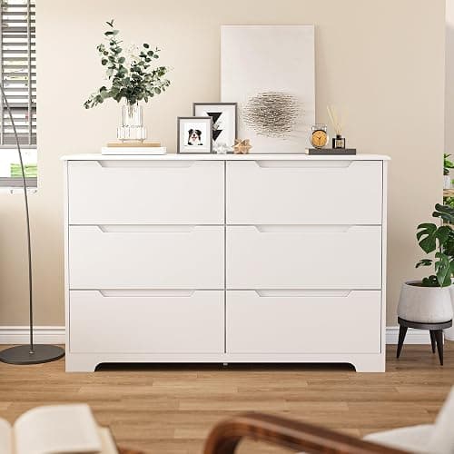 Gizoon 6 Drawer Double Dresser for Bedroom with Anti-Tip Design, White | Modern Wide Wooden Chest of Drawers with Cut-Out Handles, Closet Storage Organizer and TV Stand for Living Room, Hallway thumbnail 2
