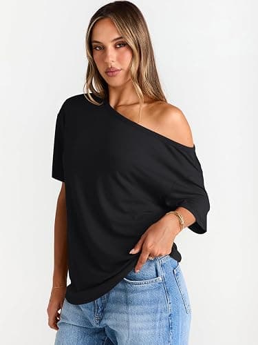 Trendy Queen Womens Off The Shoulder Tops Oversized T-Shirts Short Sleeve Tees Summer 2025 Casual Spring Fashion Clothes thumbnail 4