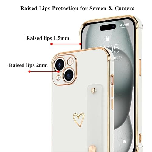 LLZ.COQUE for iPhone 15 Case with Strap Stand, White | Bling Luxury Cover, Cute Heart Design for Women Girls, Adjustable Hand Strap Stand, Shockproof Bumper Protection Phone Case thumbnail 6
