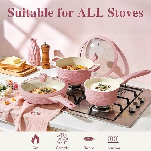 Pots and Pans Set Non Stick, 26PCS Nonstick Cookware Set, Induction Cook Ware, Includes Steamer & Silicone Utensils, Housewarming Gift, Pink Kitchen Cooking Sets w/Frying pan (PFOS, PFOA Free) thumbnail 5