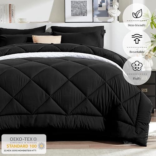 Newspin Full Comforter Set Black - Bed in a Bag Full Size 8 Pieces, All Season Bed Set, Fluffy Comforter Set with Sheets, Sheet Set Quilt Blanket, Pillowcases & Shams & Bed Skirt - Black - Diamond - Full thumbnail 3