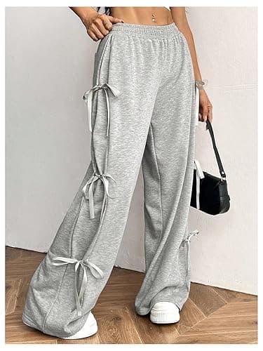 Verdusa Women's Bow Wide Leg Sweatpants Elastic Waist Casual Baggy Pants with Pocket - Medium - Light Grey thumbnail 4
