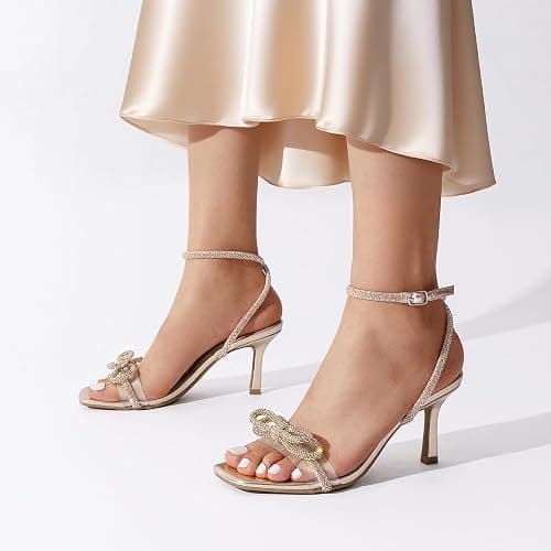 DREAM PAIRS Women's Double Bowknots Heels Open Square Toe Ankle Strap Crystal Rhinestone Dress Sandals for Party Wedding thumbnail 6