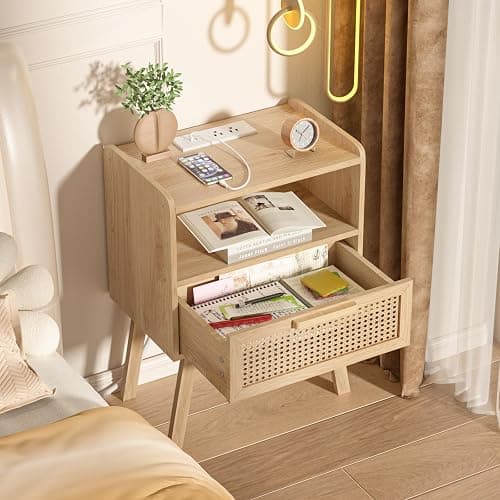 Lerliuo Rattan Nightstands Set of 2 with Charging Station, Boho Night Stand | Handmade Natural Rattan Drawer and Open Shelf, Side End Tables with Solid Wood Legs for Bedroom, Dorm, Small Spaces thumbnail 6