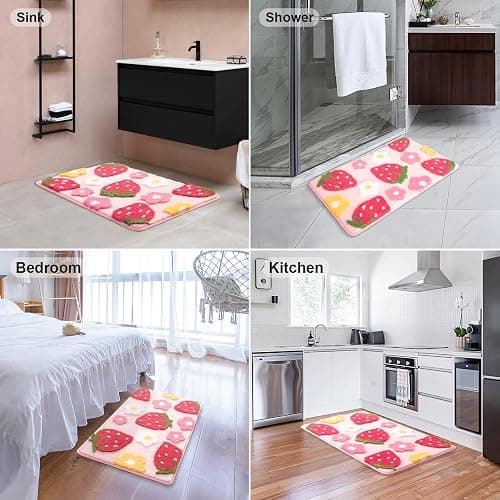 Anybar Pink Bathroom Rugs Cute Strawberry Flower Bath Mat Bathroom Accessories, Funny Colorful Non Slip Floor Bath Rug Machine Washable Bathmat Soft Microfiber Carpet for Shower, Bathtub (20x32 inch) thumbnail 7