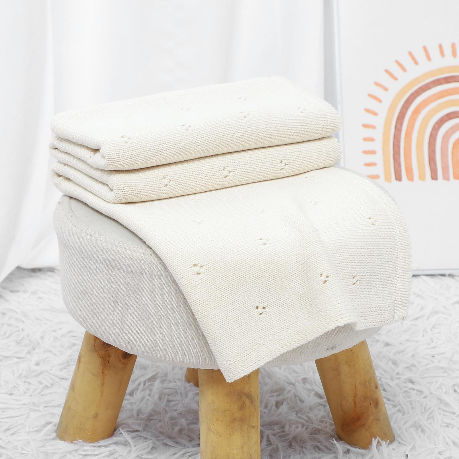 Baby Blanket 100% Cotton Cellular Blanket Baby Soft Cosy Knitted Blanket Cream 100x80cm thumbnail 3